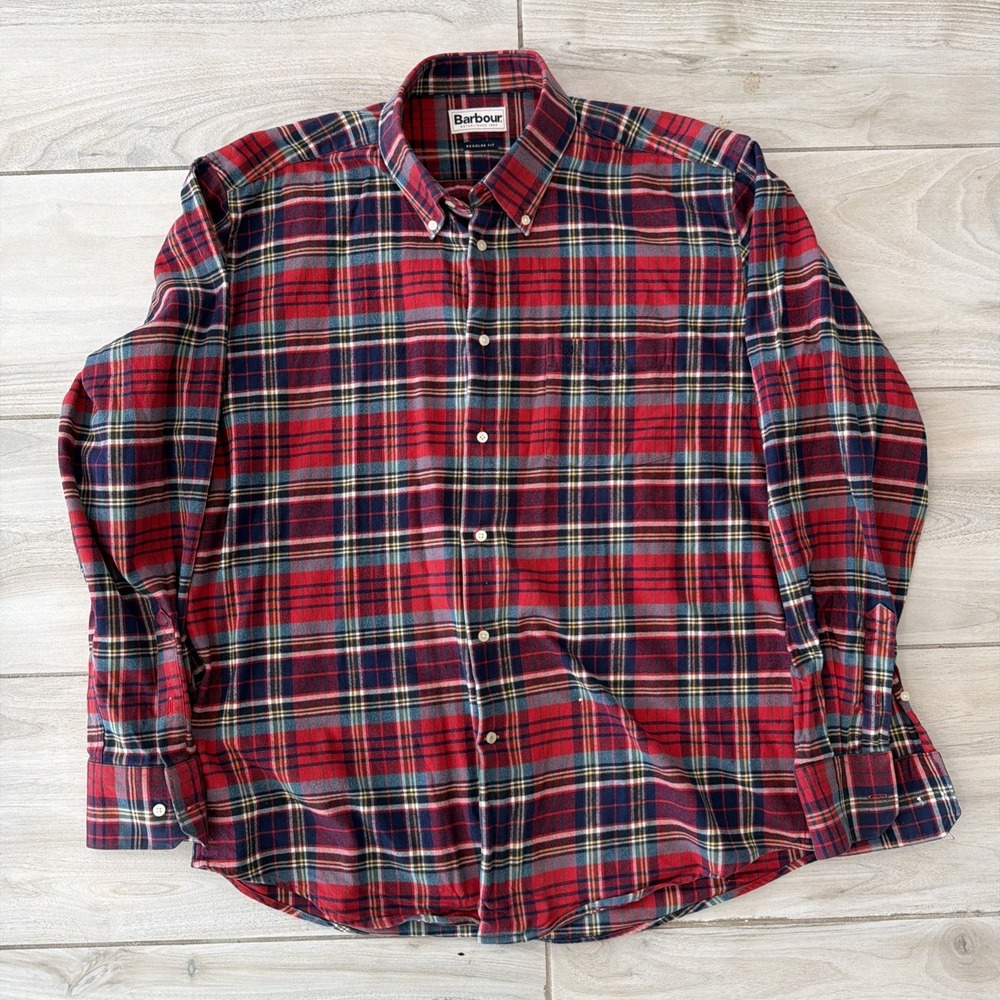 Barbour Flannel Shirt Mens Large L Red CastleBay Tartan Plaid Check REGULAR FIT